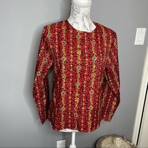 Vintage Blouse Jewel Chain Print Secretary Granny floral Red 80s 90s Small
